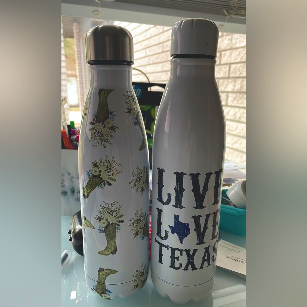 Pair of stainless steel water bottles with cowboy boots and Live Love Texas